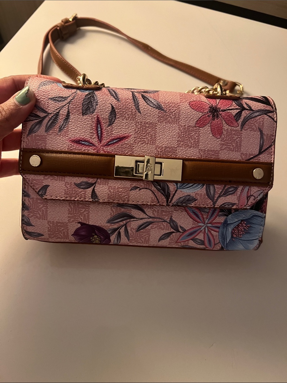 Steve Madden Pink Floral Chain Crossbody with Brown Trim